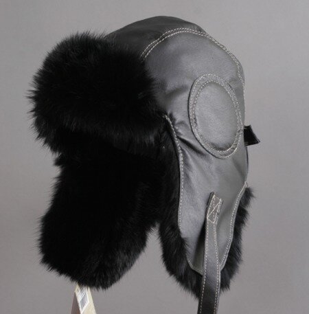 Шапка-шлем Пилотик; кожа, мех кролик, цвет черный фото